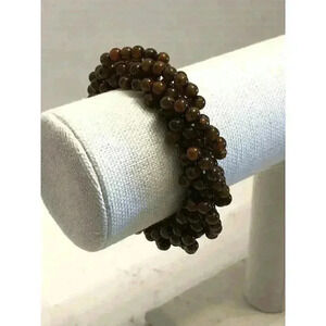 Vintage Stretch Brown Beaded Bangle Bracelet Chunky Retro Bohemian Balinese Poly